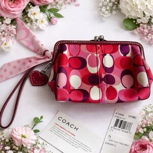Limited Edition Satin Coach Signature Patterned Red Pink Valentines Day Wristlet